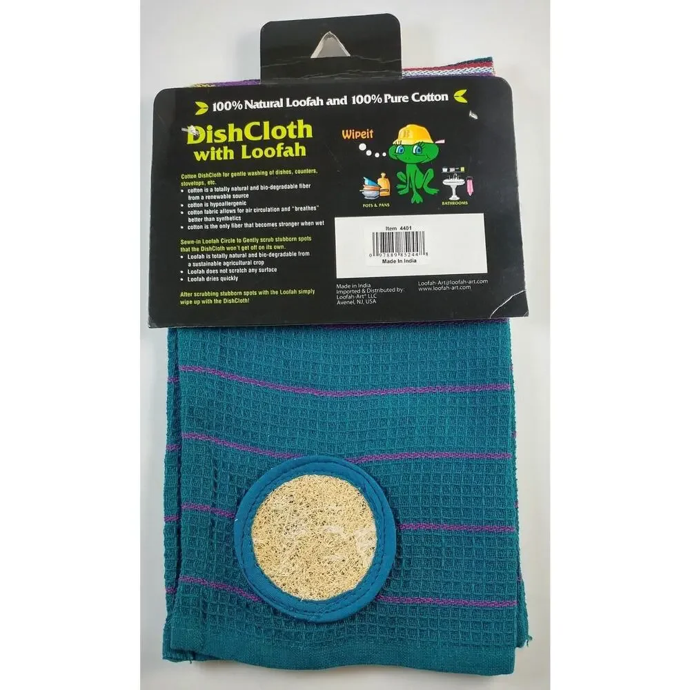 Kitchen Dishcloth Blue 100% Natural Cotton With Built In Loofah Scrubber